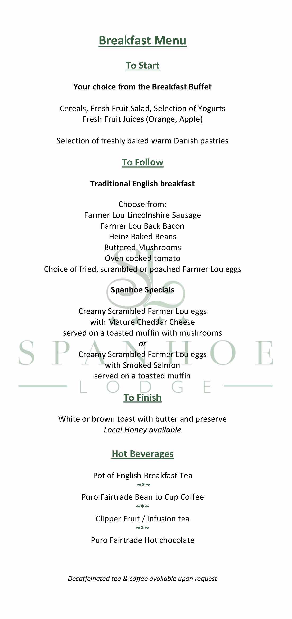 Spanhoe Breakfast Menu